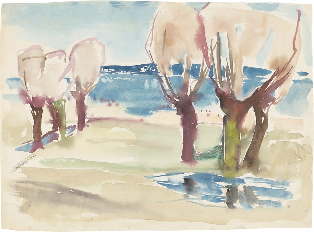 Gretchen Wohlwill. Untitled (Elbauen). Circa 1934/38: Gretchen Wohlwill (1878 – Hamburg – 1962). Untitled (Elbauen). Circa 1934/38 Watercolour on thin laid paper. 39,3 × 53,3 cm