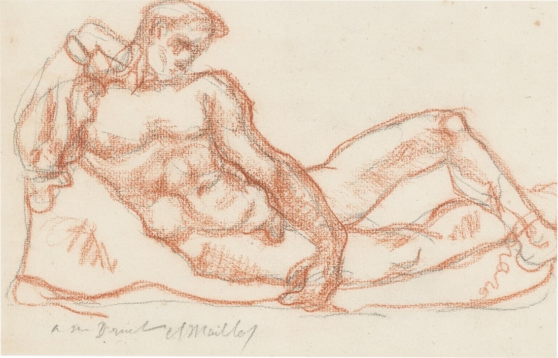 Aristide Maillol. ”Homme couché”. Before 1916: Aristide Maillol (1861 – Banyuls-sur-Mer – 1944). ”Homme couché”. Before 1916 Red chalk and black chalk on laid paper. Mounted on paper, then on cardboard.