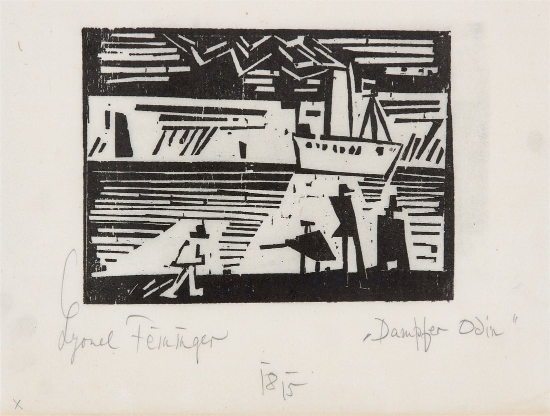 Lyonel Feininger. ”Dampfer Odin”. 1918: Lyonel Feininger (1871 – New York – 1956). ”Dampfer Odin”. 1918 Woodcut on thin Japan laid paper. 10,1 × 13,6 cm (15,5 × 20,4 cm)