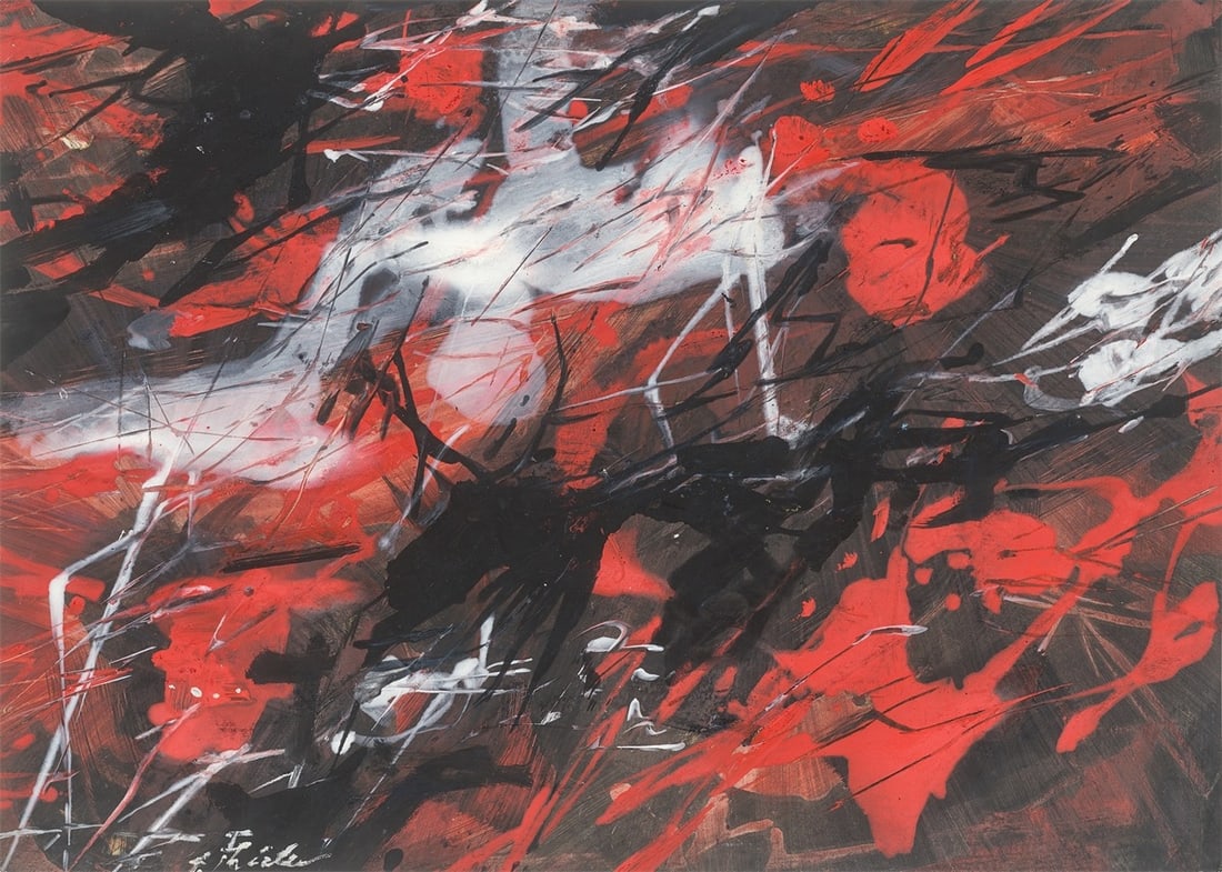Fred Thieler. ”M.P. 16/56”. 1956: Fred Thieler (Königsberg (today Kaliningrad) 1916 – 1999 Berlin ). ”M.P. 16/56”. 1956 Gouache and mixed media on cardboard. 62,5 × 87,2 cm