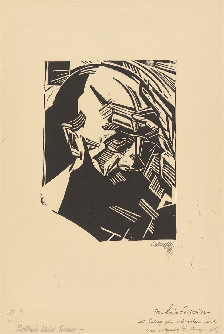 Fritz Schaefler. ”Bildnis Kurt Eisner”. 1919: Fritz Schaefler (Eschau 1888 – 1954 Cologne). ”Bildnis Kurt Eisner”. 1919 Woodcut on buff-coloured paper. 27 × 20,4 cm (50,5 × 34,4 cm)