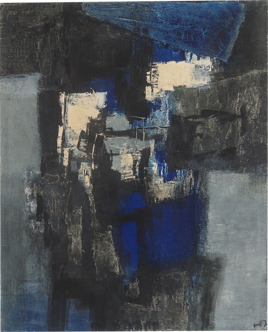 Karl Friedrich Brust. ”Aufsteigend 59”. 1959: Karl Friedrich Brust (Frankfurt am Main 1897 – 1966 Munich). ”Aufsteigend 59”. 1959 Oil on Hessian. 144,5 × 115,5 cm