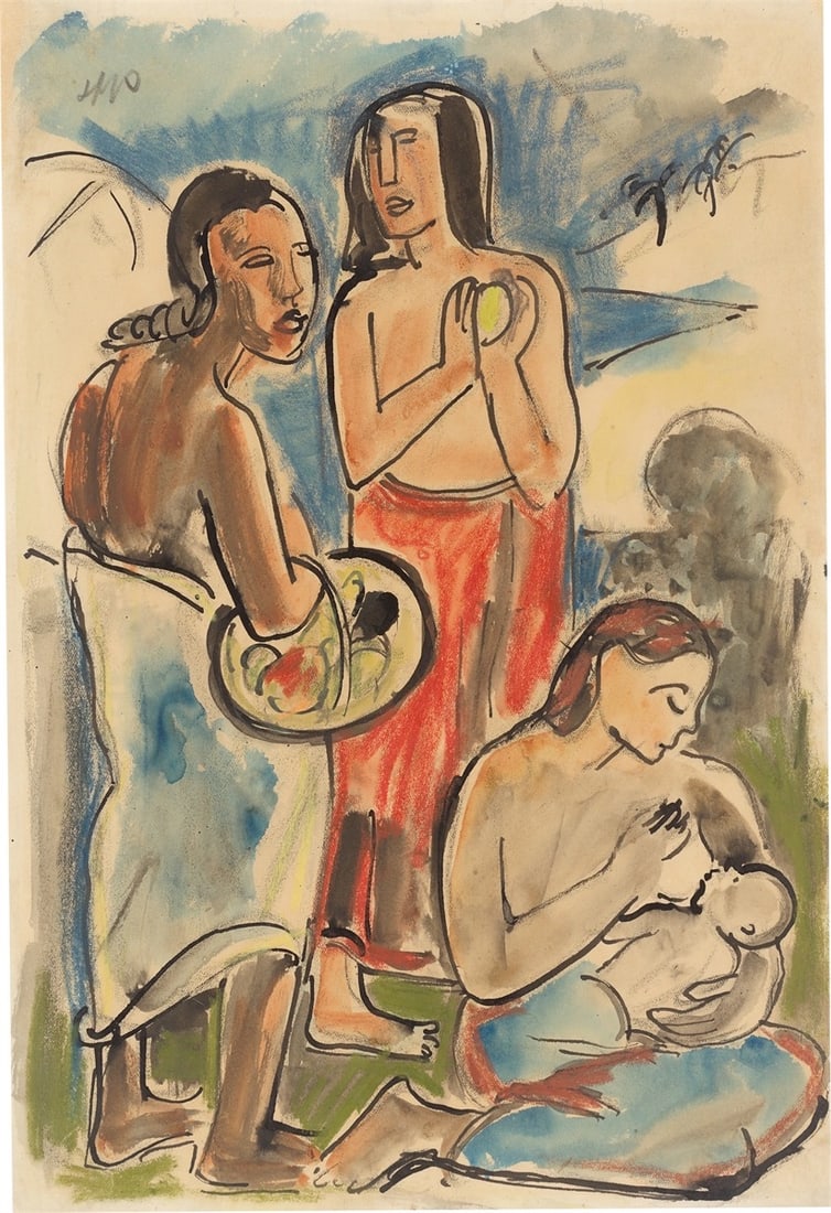 Max Pechstein. Study after Paul Gauguin's ”Maternité II”.: Max Pechstein (Zwickau 1881 – 1955 Berlin). Study after Paul Gauguin's ”Maternité II”. Watercolour and India ink over coloured chalk on thin paper.