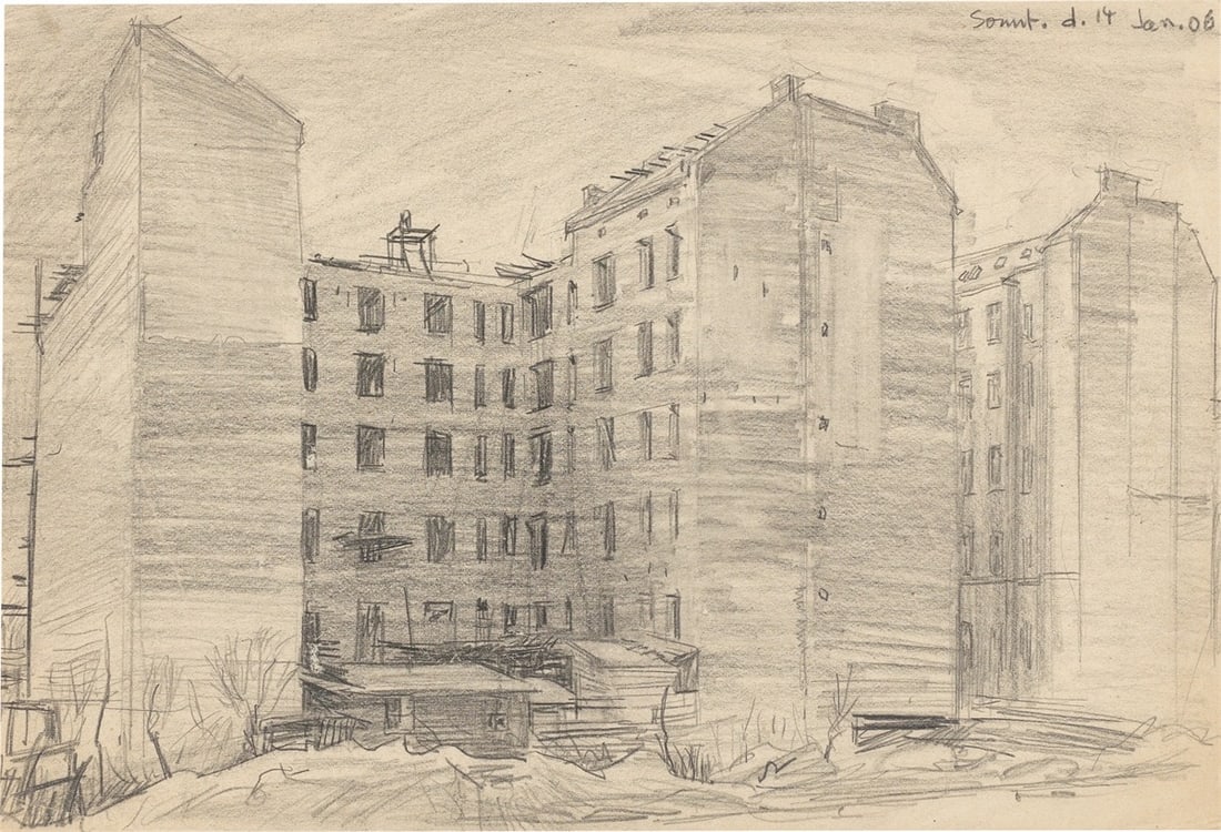 Lyonel Feininger. ”Wohnhäuser, Berlin (Apartment Buildings, Berlin)”. 1906: Lyonel Feininger (1871 – New York – 1956). ”Wohnhäuser, Berlin (Apartment Buildings, Berlin)”. 1906 Pencil on paper. 14,2 × 21,3 cm