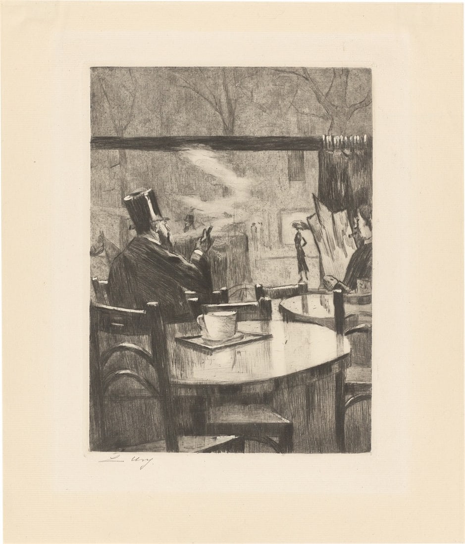 Lesser Ury. ”Herr mit Zylinder vor einem Kaffeehausfenster – in Rückenansicht”: Lesser Ury (Birnbaum/Poznań 1861 – 1931 Berlin). ”Herr mit Zylinder vor einem Kaffeehausfenster – in Rückenansicht”. 1923 Etching on simulated cream laid paper. 23,2&