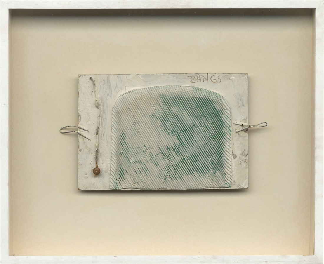 Herbert Zangs. ”Objet Collage”. 1953: Herbert Zangs (1924 – Krefeld – 2003). ”Objet Collage”. 1953 Green rubber, metal, plant seeds and stems, and oil on masonite, in object frame.