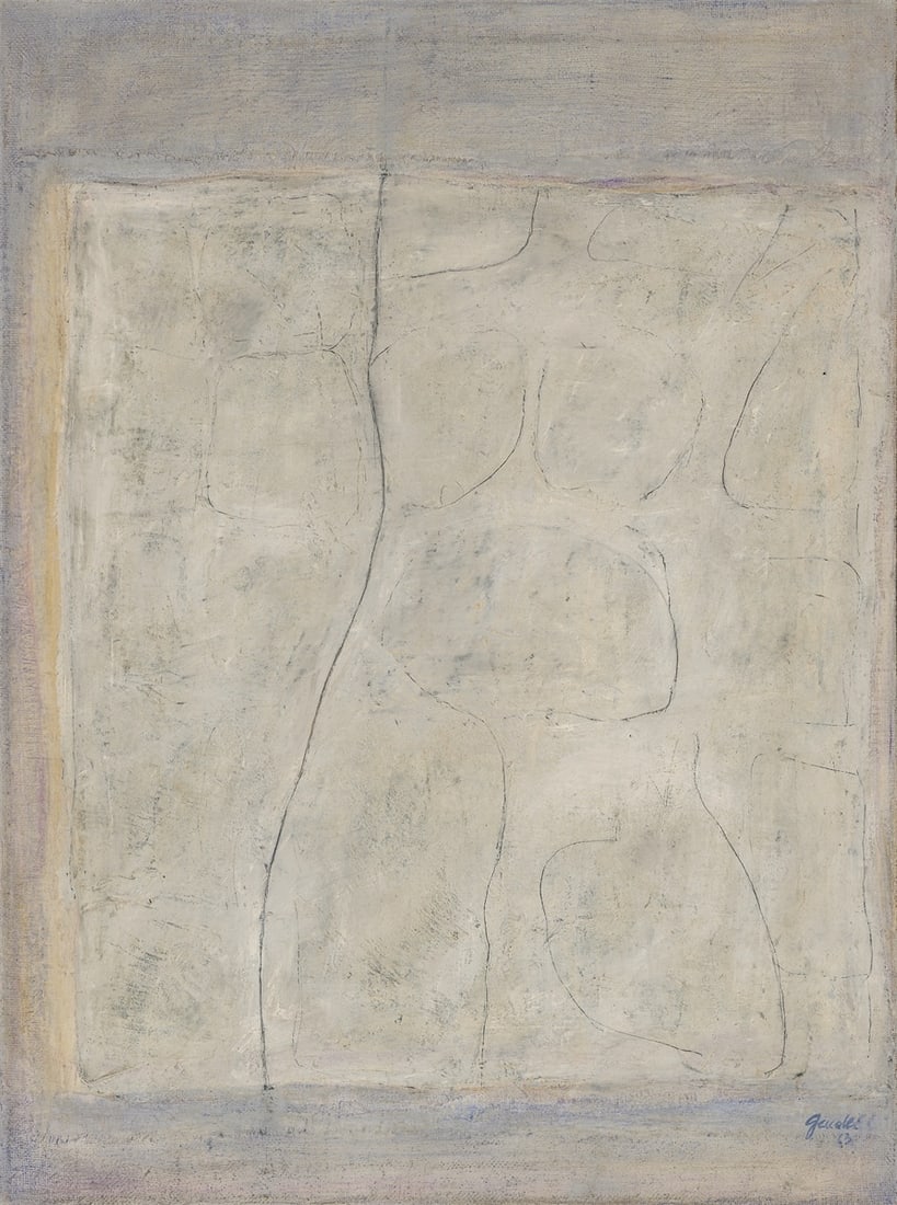 Johannes Geccelli. ”Körper auf hellem Plan”. 1963: Johannes Geccelli (Königsberg (today Kaliningrad) 1925 – 2011 Jühnsdorf near Berlin). ”Körper auf hellem Plan”. 1963 Oil and fabric collage on Hessian.
