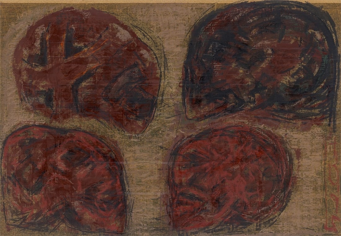 Hede Bühl. Head studies. 1995: Hede Bühl (Haan 1940 – lives in Düsseldorf). Head studies. 1995 Coloured chalk and oil on thread-reinforced double-sided packing paper. 69,7 × 99,7 cm