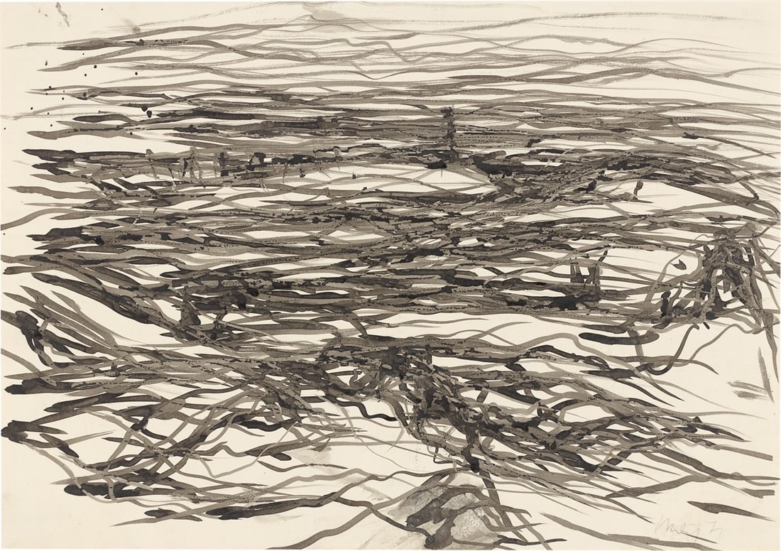 Max Uhlig. ”Strand bei Niemeyer”. 1971: Max Uhlig (Dresden 1937 – lives in Dresden). ”Strand bei Niemeyer”. 1971 India ink on heavy paper. 29,7 × 42 cm