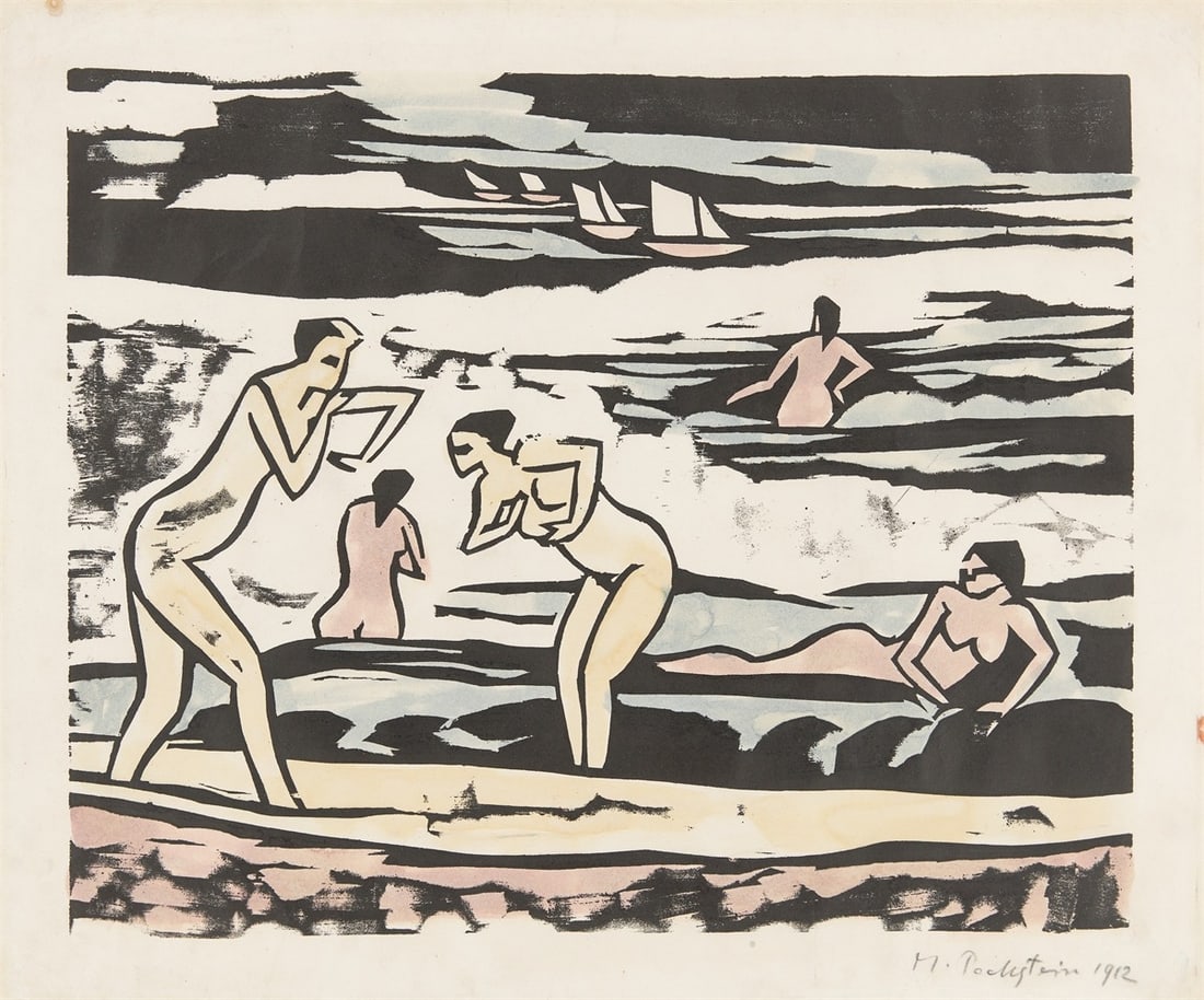 Max Pechstein. ”Badende IX”. 1912: Max Pechstein (Zwickau 1881 – 1955 Berlin). ”Badende IX”. 1912 Woodcut on laid paper, coloured. 31,5 × 39 cm (37 × 44,3 cm)