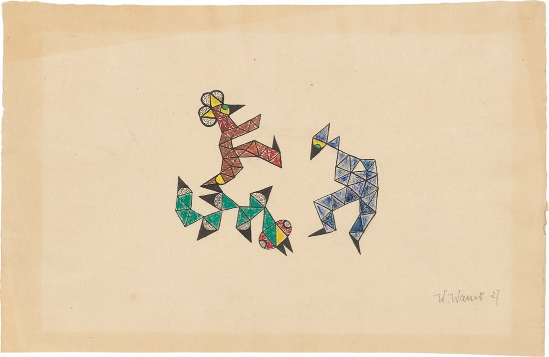 William Wauer. ”Drei Faltfiguren”. 1927: William Wauer (Oberwiesenthal 1866 – 1962 West-Berlin). ”Drei Faltfiguren”. 1927 Pen and India ink and gouache on buff-coloured laid paper. 27 × 41,2 cm