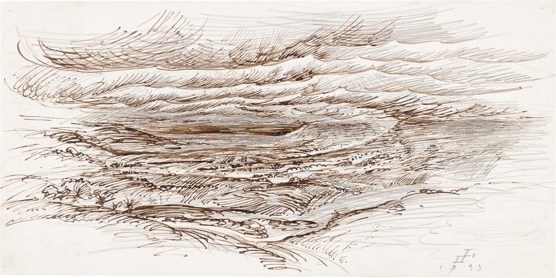 Otto Dix. ”Wolkenverhängtes Tal (Weite Landschaft)”. 1933: Otto Dix (Gera-Untermhaus 1891 – 1969 Singen). ”Wolkenverhängtes Tal (Weite Landschaft)”. 1933 Pen and India ink and pencil on heavy paper. 25 × 49,6 cm