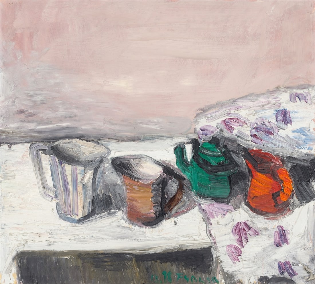 Klaus Fußmann. Still life with jugs. 1998: Klaus Fußmann (Velbert 1938 – lives in Berlin and Gelting). Still life with jugs. 1998 Oil on cardboard, on canvas. 76,2 × 85,2 cm