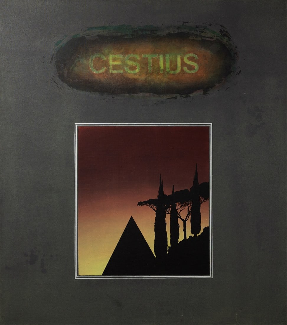 Wolfgang Schröder. ”CESTIUS”. 1974: Wolfgang Schröder (Idar-Oberstein 1943 – 2024 Hamburg). ”CESTIUS”. 1974 Oil and silver lacquer pen on canvas. 169 × 150 cm