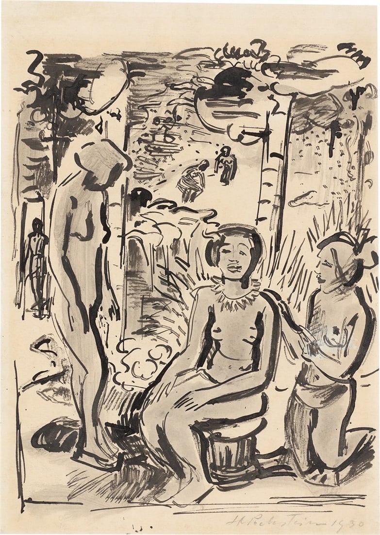 Max Pechstein. ”Drei Akte (Palau)”. 1930: Max Pechstein (Zwickau 1881 – 1955 Berlin). ”Drei Akte (Palau)”. 1930 Brush and India ink, washed, on paper (from a book). 30,4 × 21,8 cm (12 × 8&n