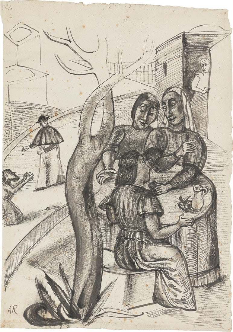 Anita Rée. ”Dorfszene, Positano”. Circa 1922/25: Anita Rée (Hamburg 1885 – 1933 Kampen/Sylt). ”Dorfszene, Positano”. Circa 1922/25 Pen and brush and India ink on slightly textured wove paper.