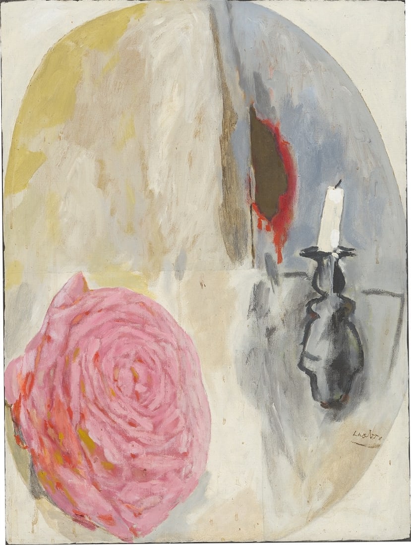 Hans Laabs. ”Sentimentales Stilleben”.: Hans Laabs (Trzebiatów 1915 – 2004 Berlin). ”Sentimentales Stilleben”. Oil on canvas, with artist's framing. 80,8 × 60 cm