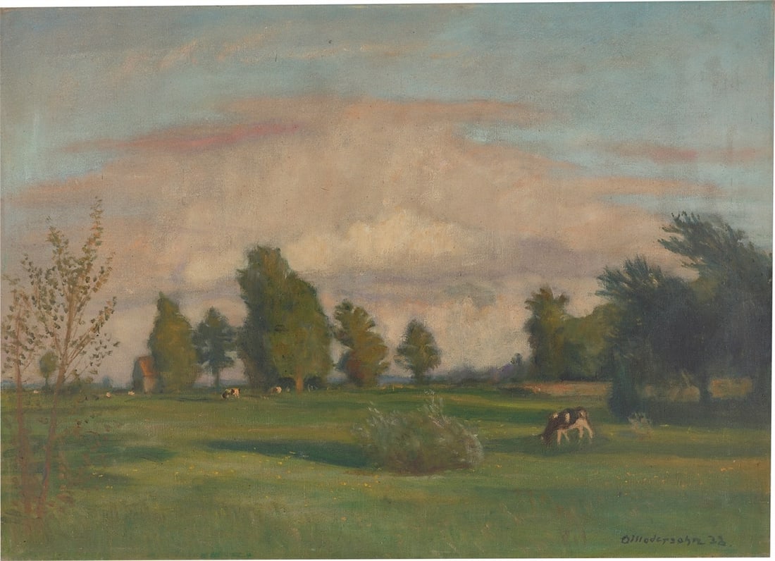 Otto Modersohn. ”Abendwiesen bei Fischerhude”. 1938: Otto Modersohn (Soest 1865 – 1943 Rotenburg (Wümme)). ”Abendwiesen bei Fischerhude”. 1938 Oil on canvas. 51 × 70,5 cm