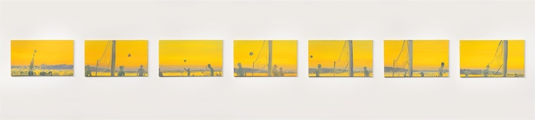 Anton Henning. ”Volleyballspieler im Abendlicht”. 2000: Anton Henning (Berlin 1964 – lives in Manker and Berlin). ”Volleyballspieler im Abendlicht”. 2000 7-part: each oil on canvas. Each: 40 × 70 cm