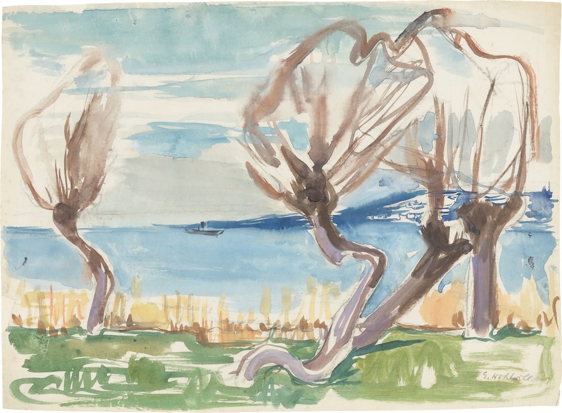 Gretchen Wohlwill. Untitled (Elbauen). Circa 1934/38: Gretchen Wohlwill (1878 – Hamburg – 1962). Untitled (Elbauen). Circa 1934/38 Watercolour over charcoal on thin laid paper. 39,2 × 53,2 cm