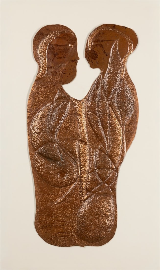 Gerhard Altenbourg. ”Ramses und Armina vom Orden des Goldenen Eros”. 1970: Gerhard Altenbourg (Rödichen-Schnepfenthal 1926 – 1989 Meissen). ”Ramses und Armina vom Orden des Goldenen Eros”. 1970 Copper, embossed, hammered.