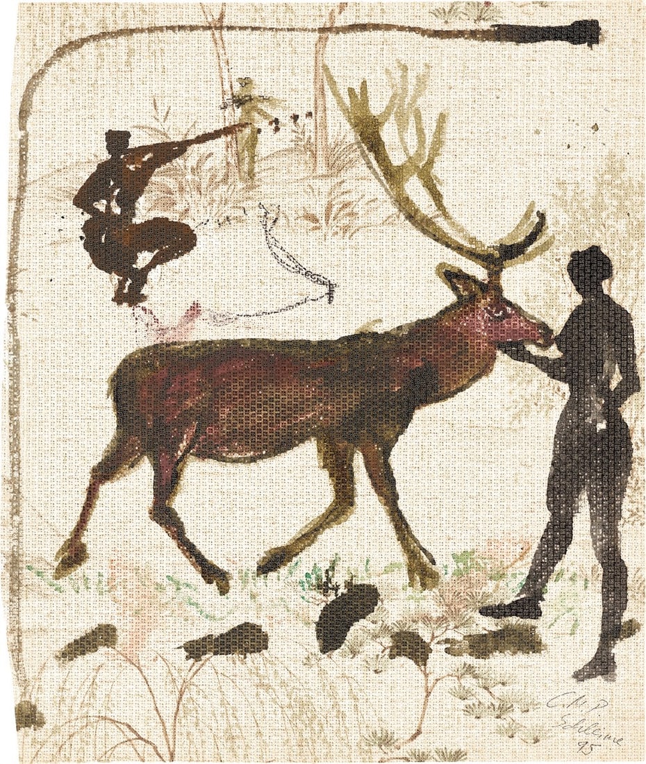 Cornelia Schleime. Untitled. 1995: Cornelia Schleime (Berlin 1953 – lives in Berlin). Untitled. 1995 India ink and gouache on printed wallpaper. 44,1 × 37,3 cm