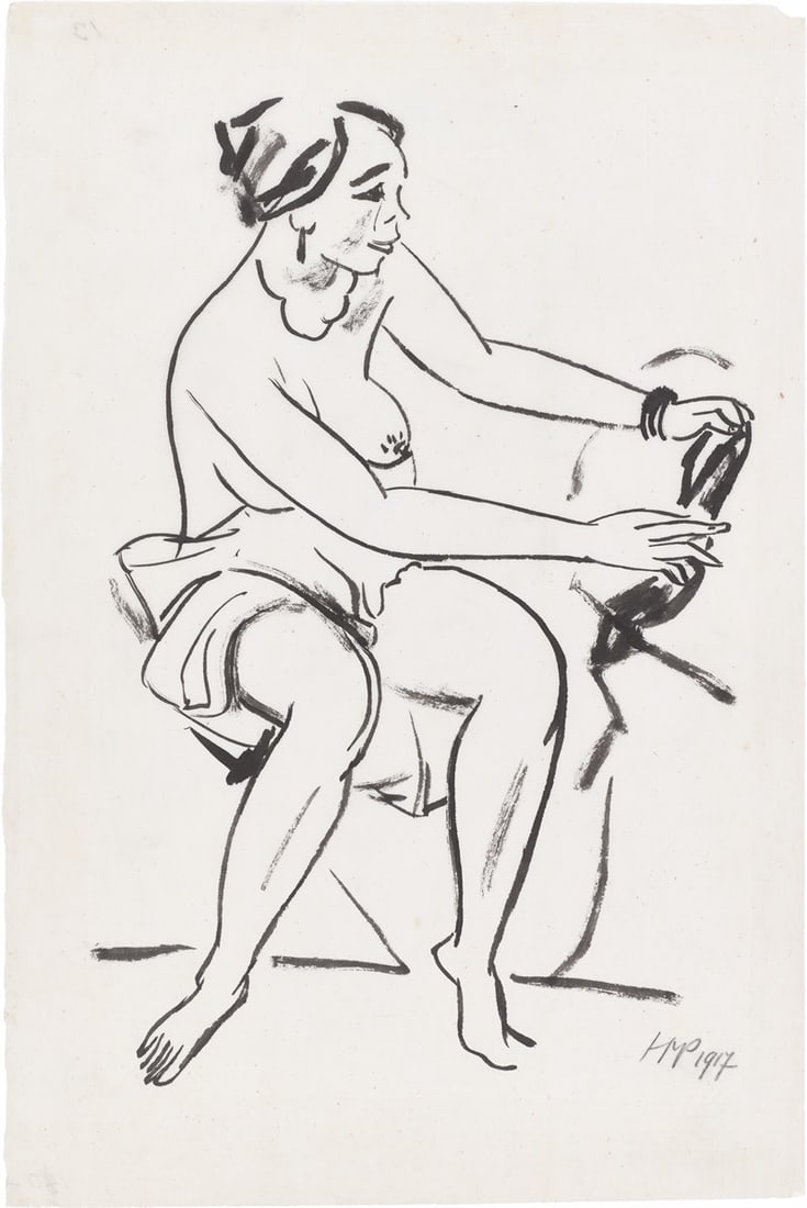 Max Pechstein. Sitting nude. 1917: Max Pechstein (Zwickau 1881 – 1955 Berlin). Sitting nude. 1917 Brush and India ink on thin Japan laid paper. 50,8 × 34 cm (20 × 13 ⅜ in.).