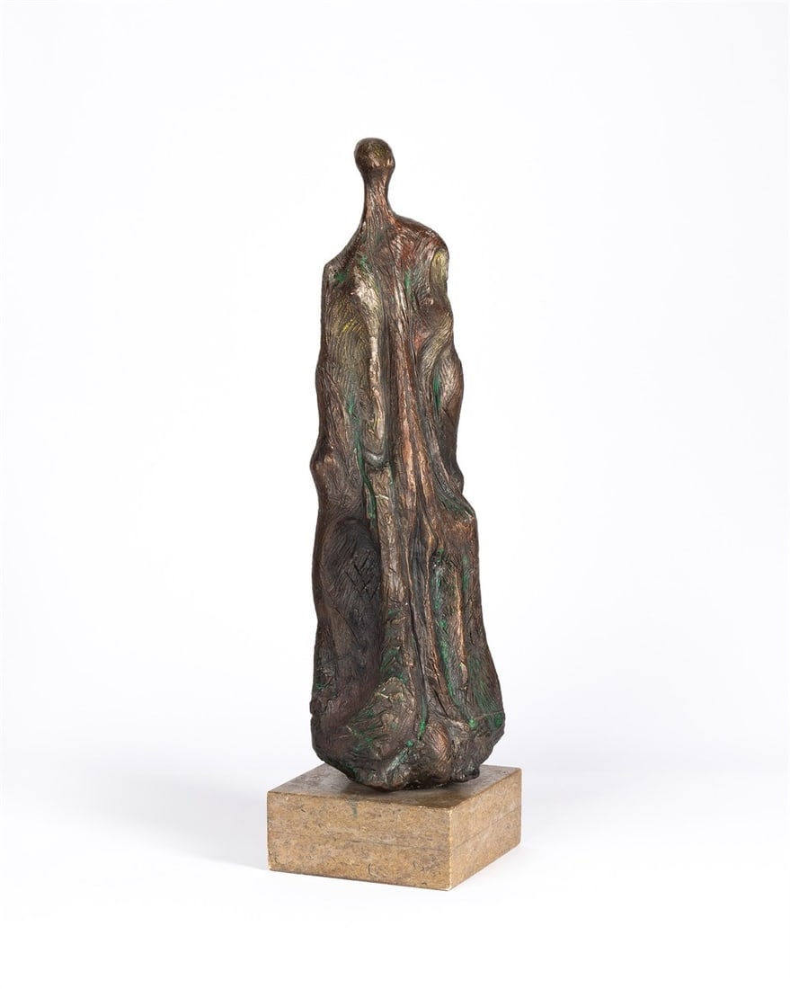 Theo Balden. ”Aufrechte I”. 1988: Theo Balden (Blumenau, Brazil 1904 – 1995 Berlin). ”Aufrechte I”. 1988 Bronze with brown patina, partially painted in colour, mounted on stone base. Dimensions with base: