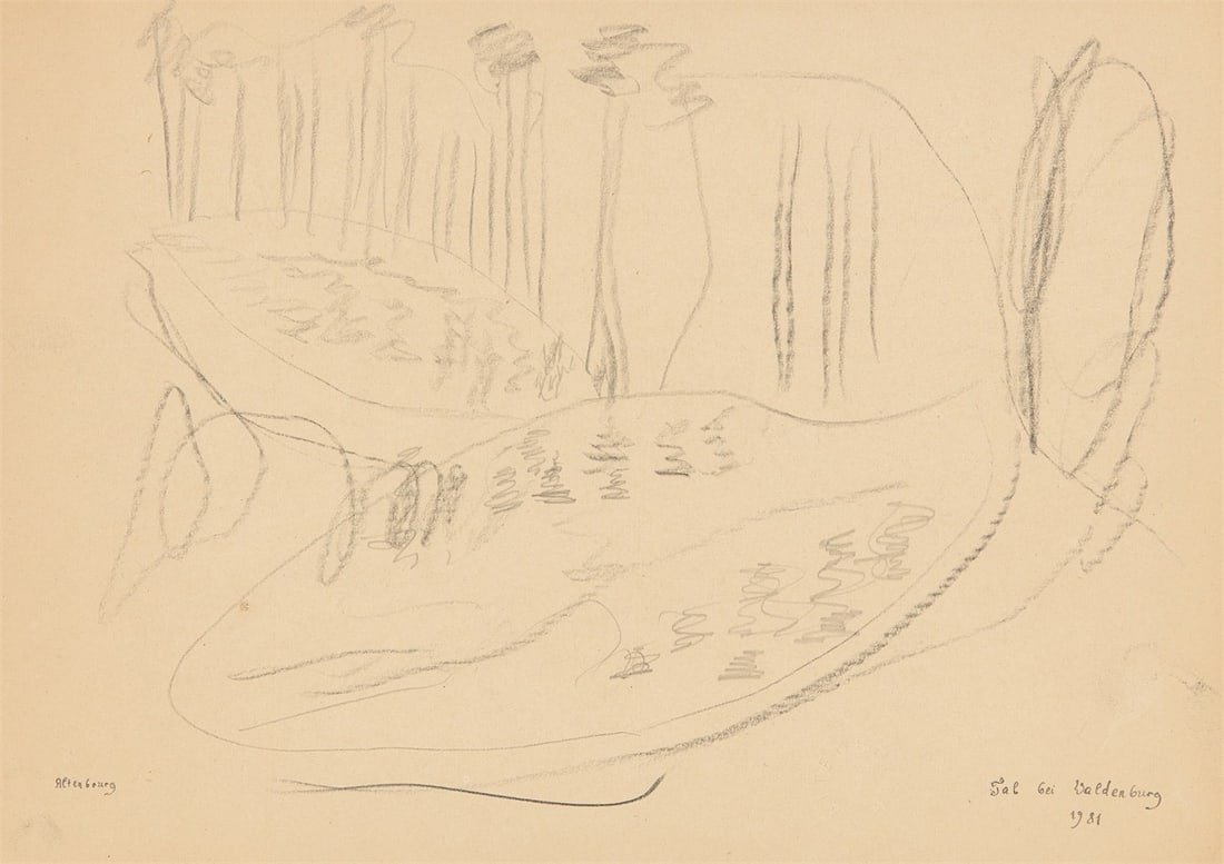 Gerhard Altenbourg. ”Tal bei Waldenburg”. 1981: Gerhard Altenbourg (Rödichen-Schnepfenthal 1926 – 1989 Meissen). ”Tal bei Waldenburg”. 1981 Charcoal and pencil on buff-coloured paper. 21 × 29,8 cm