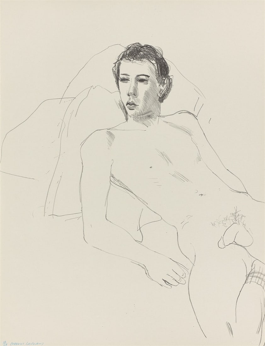 David Hockney. ”Gregory Reclining”. 1976/77: David Hockney (Bradford/West Yorkshire 1937 – 2026 London). ”Gregory Reclining”. 1976/77 Lithograph on grey BFK Rives wove paper. 55 × 49,8 cm cm