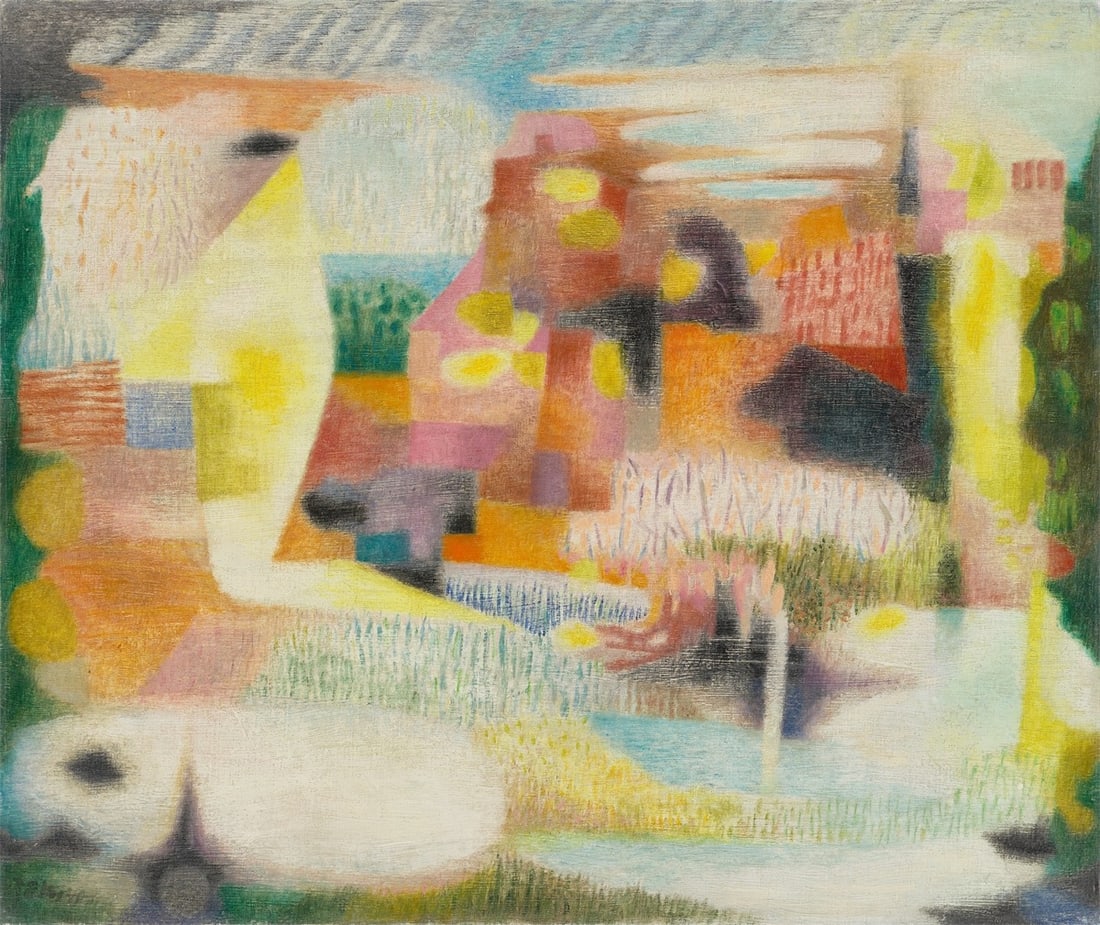 Heinz Trökes. ”Sommerliche Landschaft”. 1949: Heinz Trökes (Duisburg-Hamborn 1913 – 1997 Berlin). ”Sommerliche Landschaft”. 1949 Oil on canvas. 50,5 × 60,5 cm