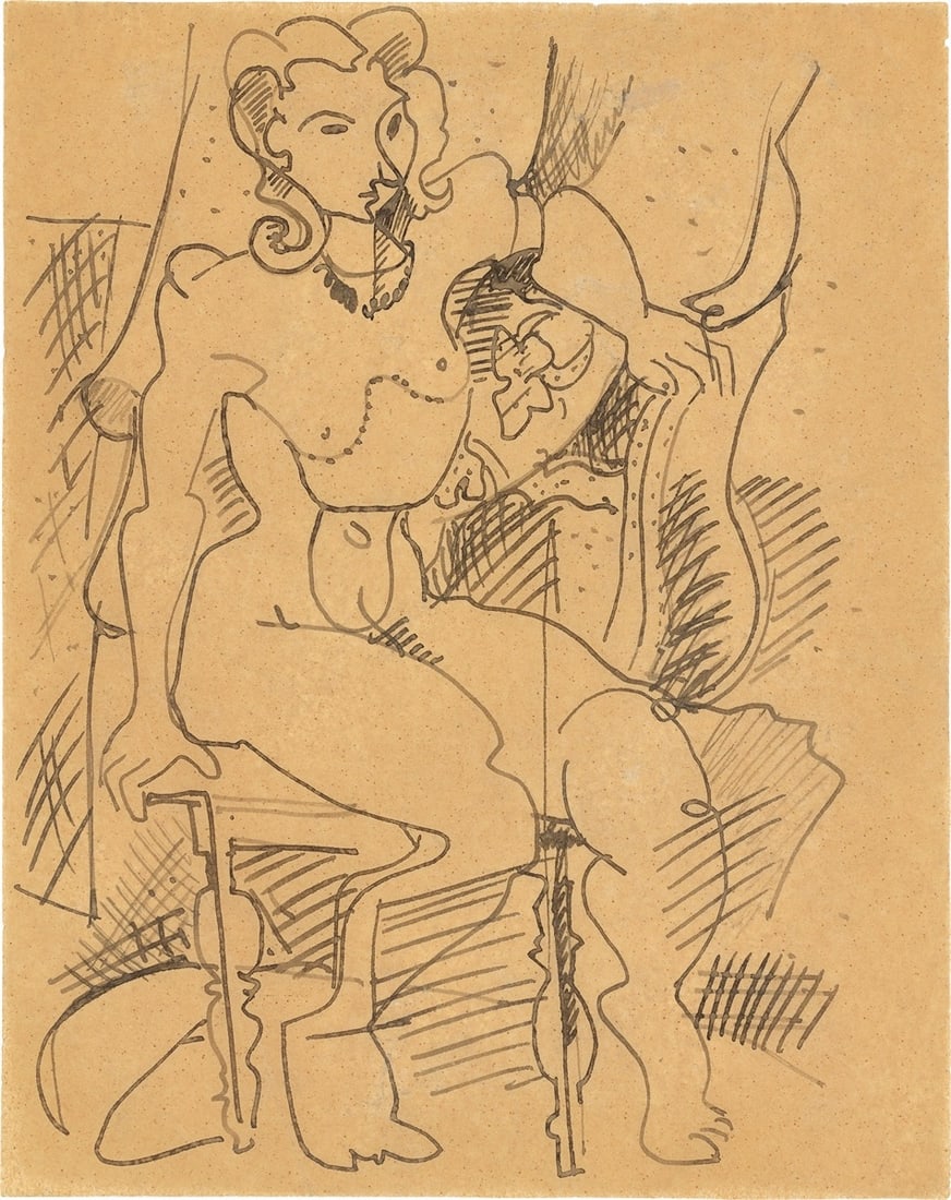 Hans Hofmann. ”Sitzender Akt”. Circa 1926: Hans Hofmann (Weißenburg 1880 – 1966 New York). ”Sitzender Akt”. Circa 1926 Pen and India ink on brownish tissue paper. 28,3 × 22,4 cm (11 ⅛ 