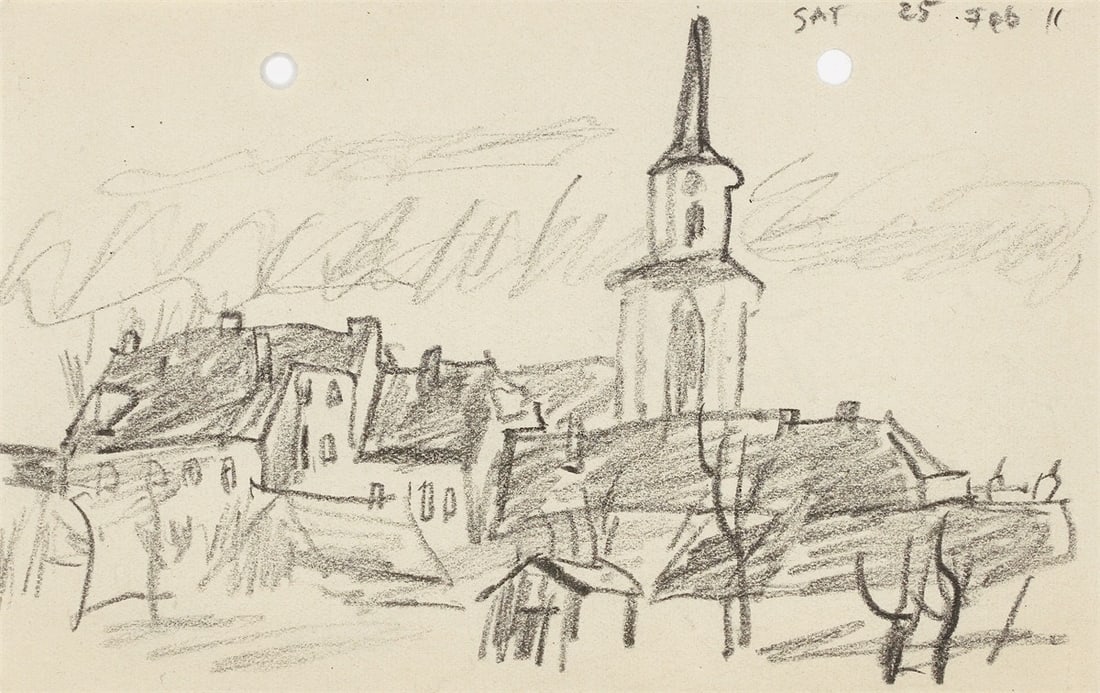 Lyonel Feininger. ”Teltow”. 1911: Lyonel Feininger (1871 – New York – 1956). ”Teltow”. 1911 Pencil on perforated paper. 10,2 × 16,2 cm (4 × 6 ⅜ in.).
