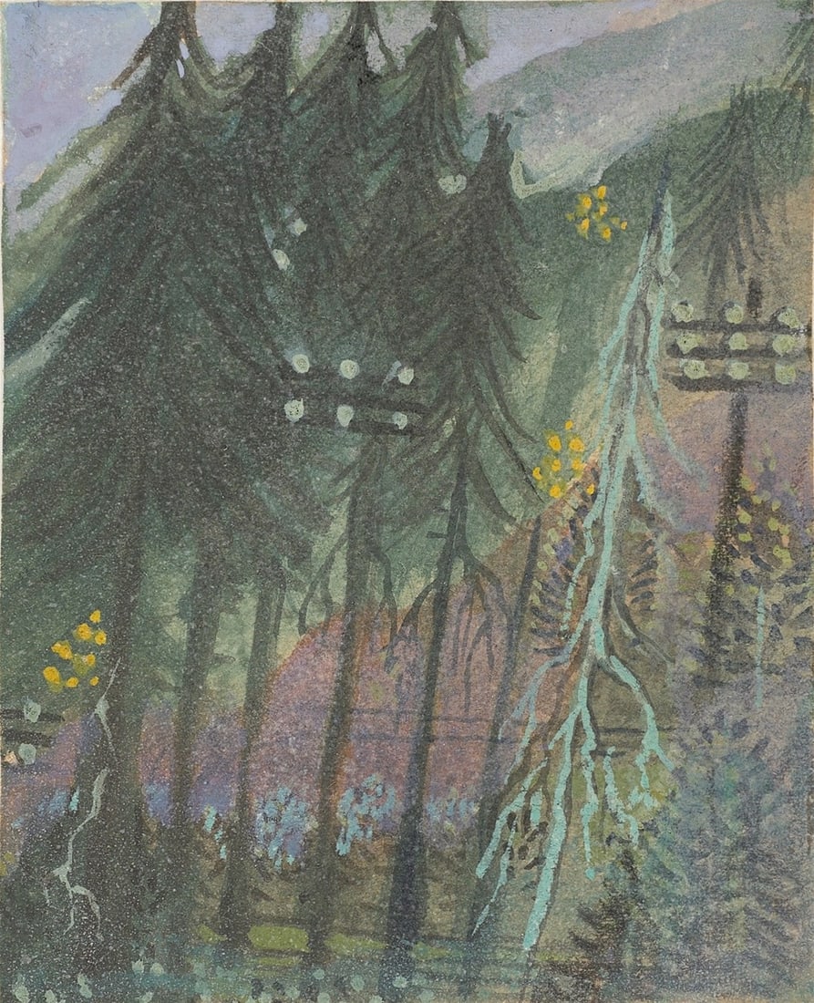 Gottfried Brockmann. ”Telegrafenmasten im Wald”, from the series ”Eifelwanderung&#: Gottfried Brockmann (Cologne 1903 – 1983 Kiel). ”Telegrafenmasten im Wald”, from the series ”Eifelwanderung”. 1927 Gouache on brownish paper, on cardboard.