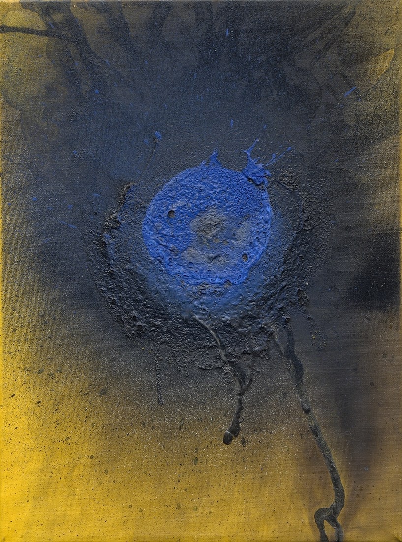 Otto Piene. ”Blauer Wirbel”. 1977: Otto Piene (Laasphe, Westphalia 1928 – 2014 Berlin). ”Blauer Wirbel”. 1977 Oil and fire gouache on canvas. 40 × 30 cm (frame: