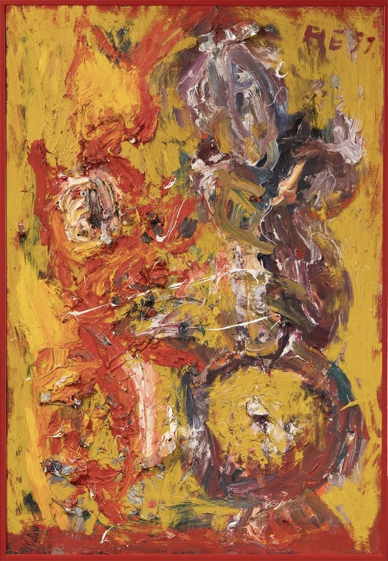 Hartwig Ebersbach. ”DRACHE + KASPAR”. 1991: Hartwig Ebersbach (Zwickau 1940 – lives in Leipzig). ”DRACHE + KASPAR”. 1991 Oil and paint tubes on masonite, in original frame. 127,5 × 87,5 cm (frame: