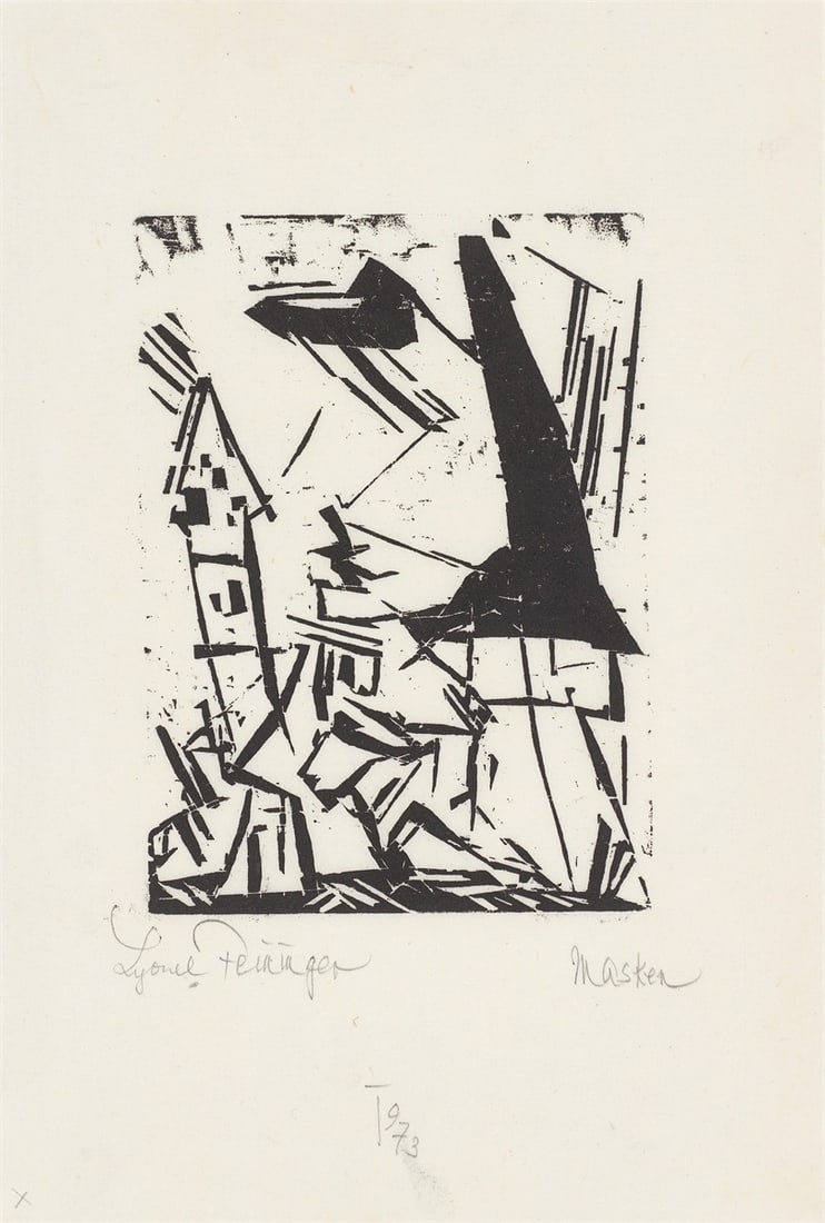 Lyonel Feininger. ”Masken”. 1920: Lyonel Feininger (1871 – New York – 1956). ”Masken”. 1920 Woodcut on thin Japan laid paper. 14 × 10,2 cm (24,8 × 16,8 cm)