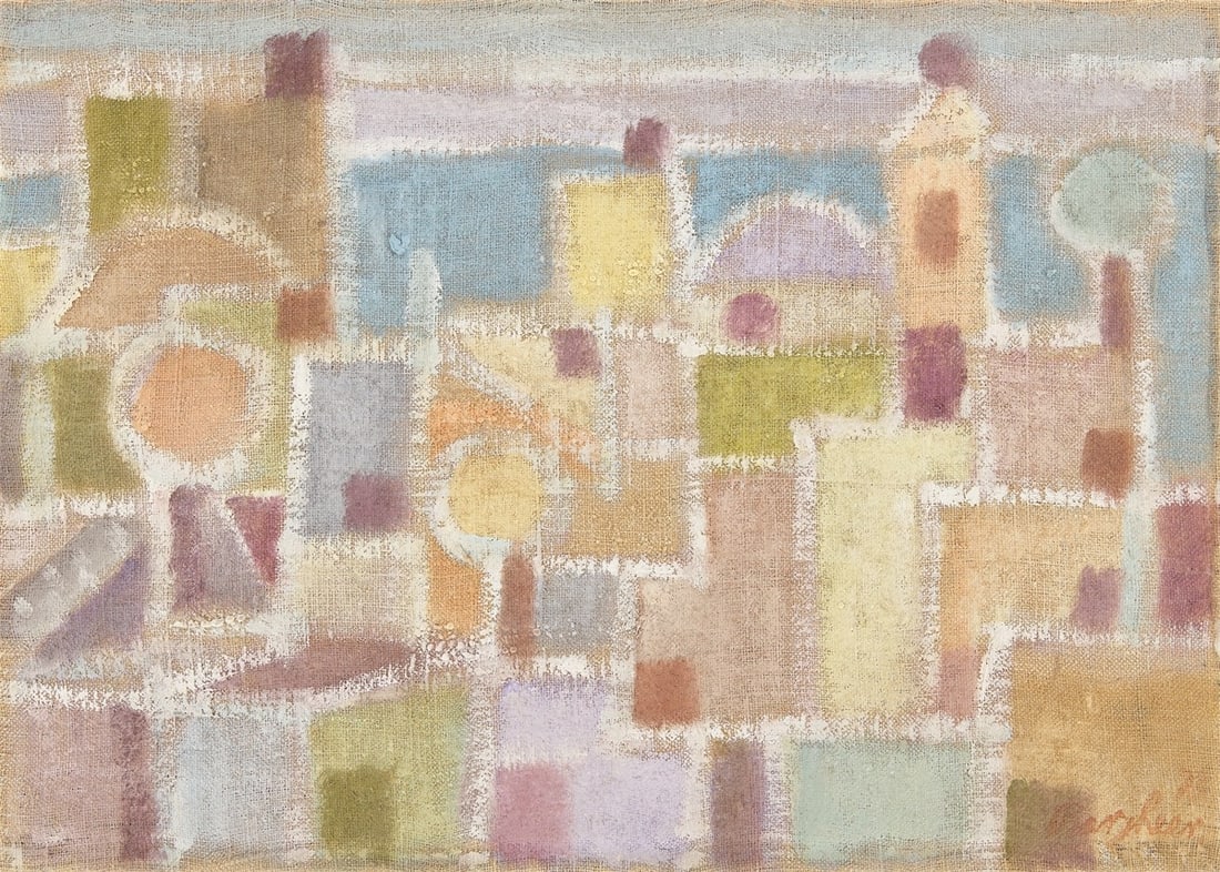 Eduard Bargheer. ”Südliche Stadt 2”. Circa 1973: Eduard Bargheer (Finkenwerder 1901 – 1979 Hamburg). ”Südliche Stadt 2”. Circa 1973 Oil on Hessian. 34,5 × 48,5 cm
