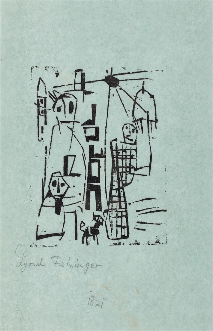 Lyonel Feininger. ”Spaziergang”. 1918: Lyonel Feininger (1871 – New York – 1956). ”Spaziergang”. 1918 Woodcut on blue tissue paper. 10,1 × 7,7 cm (19 × 12,4 cm)