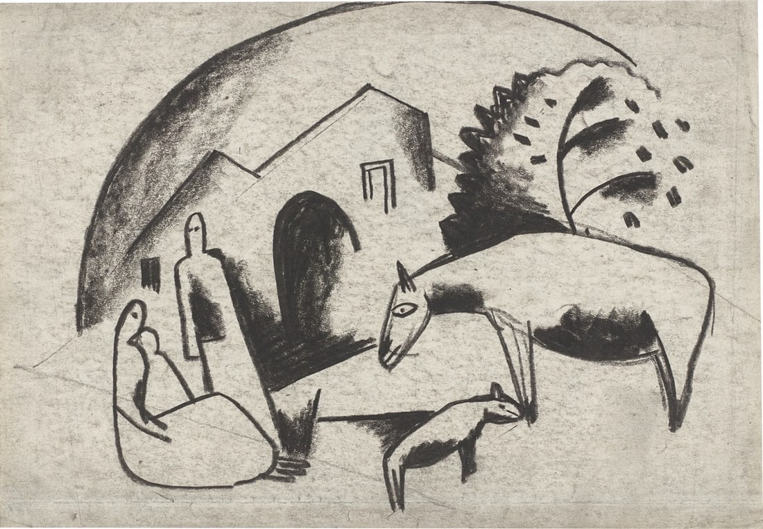 Béla Kádár. Family with animals. 1920s: Béla Kádár (1877 – Budapest – 1956). Family with animals. 1920s Charcoal on paper. 17,5 × 25 cm