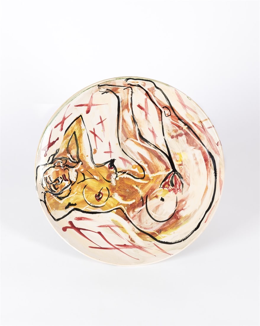 A.R. Penck. Untitled.: A.R. Penck (Dresden 1939 – 2017 Zurich). Untitled. White clay with enamel painting, glazed. Diameter: 39,2 cm (height: 5,2 cm) (15 ⅜ in. (height: 2 in.)). Signed