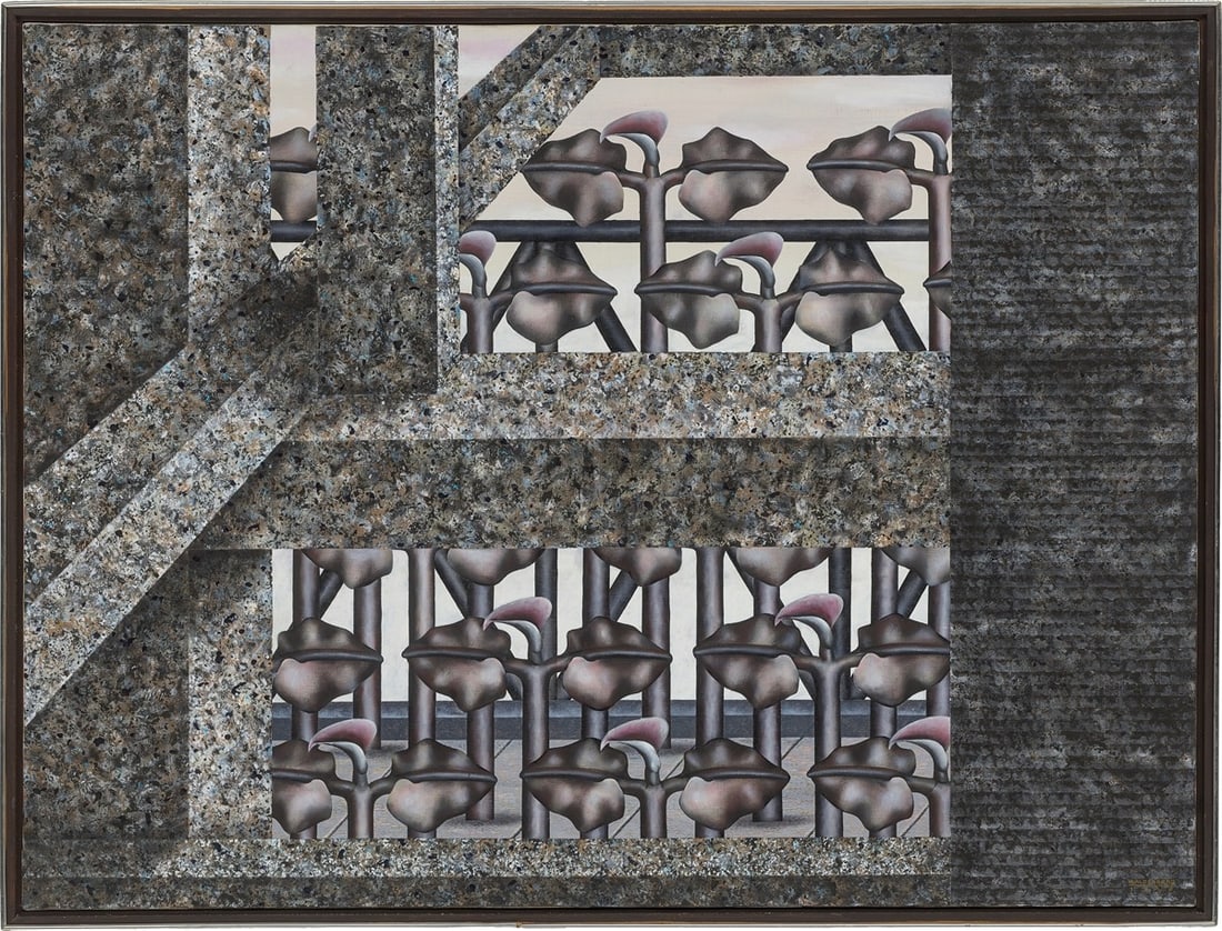 Hermann Waldenburg. ”Plantage mit Blüten” (”Architektur und Vegetation”: Hermann Waldenburg (Waldenburg/Silesia 1940 – lives in Berlin). ”Plantage mit Blüten” (”Architektur und Vegetation”). 1977 Oil on canvas, with artist's framing. 78,5