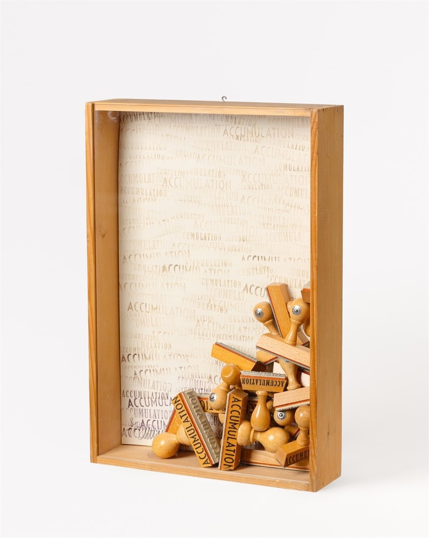 Arman. ”Accumulation”. 1973: Arman (Nice 1928 – 2005 New York). ”Accumulation”. 1973 Silkscreen print on paper and wooden stamps, in wooden box with plexiglass.