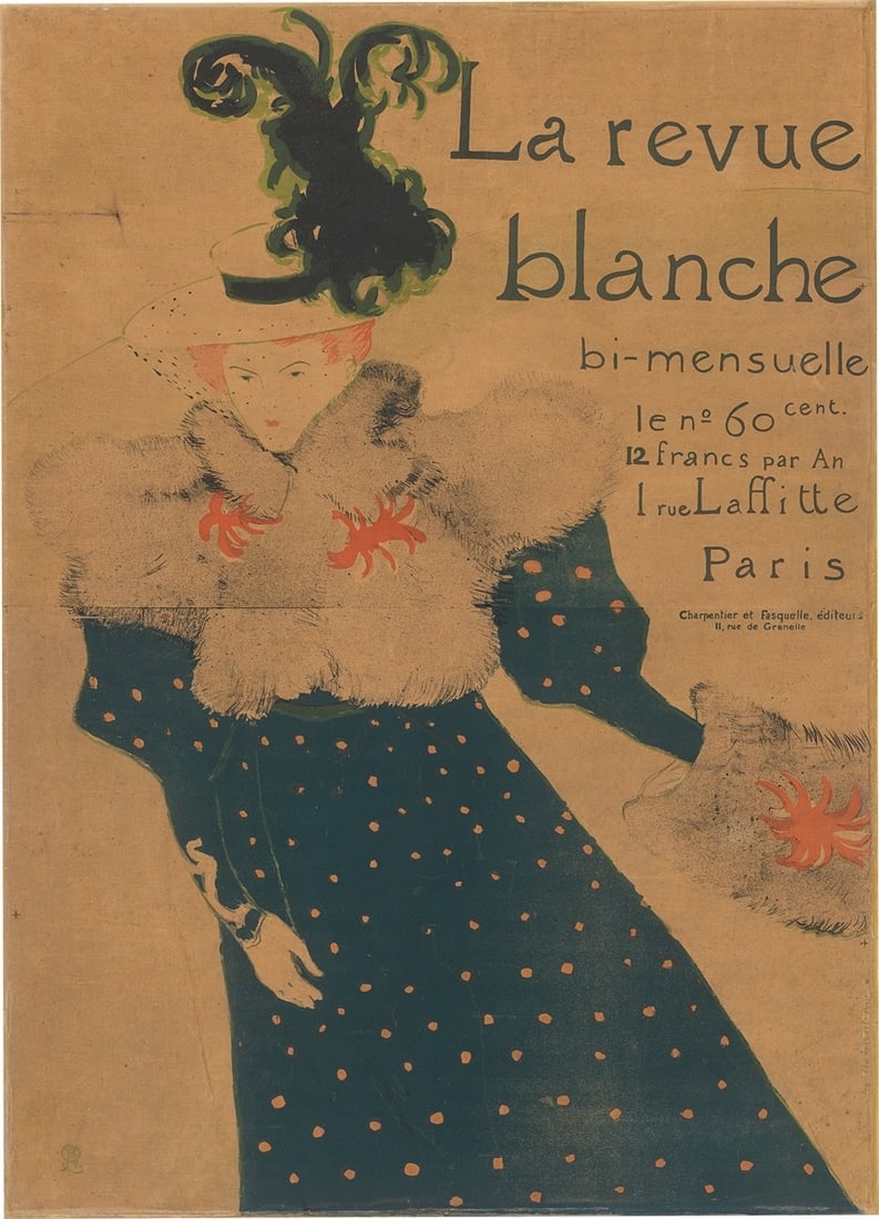 Henri de Toulouse-Lautrec. ”La Revue blanche”. 1985/96: Henri de Toulouse-Lautrec (Albi 1864 – 1901 Malromé). ”La Revue blanche”. 1985/96 Colour lithograph on two sheets of brown paper. Mounted on Kaliko, mounted on cardboard.