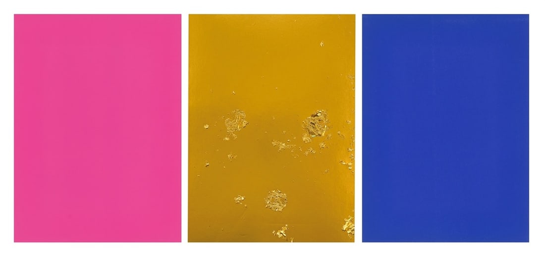 Yves Klein. ”Monochrome und Feuer”. 1961: Yves Klein (Nice 1928 – 1962 Paris). ”Monochrome und Feuer”. 1961 Triptych: 2 silkscreens in blue and pink, each on firm wove paper, and 1 gold foil print on cardboard with gold