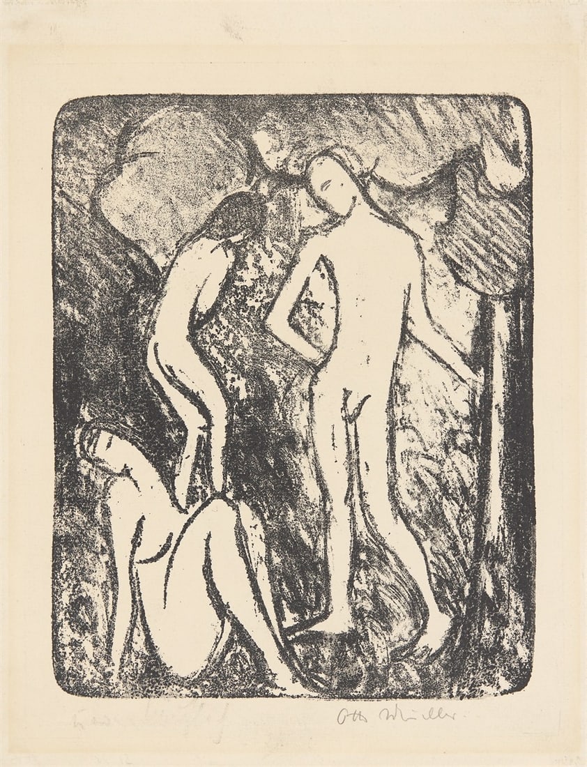 Otto Mueller. ”Zwei Mädchen und ein Jüngling (Drei Akte)”. 1909–13/1914: Otto Mueller (Liebau, Silesia 1874 – 1930 Wrocław). ”Zwei Mädchen und ein Jüngling (Drei Akte)”. 1909–13/1914 Lithograph on laid paper. 26,6 × 21,