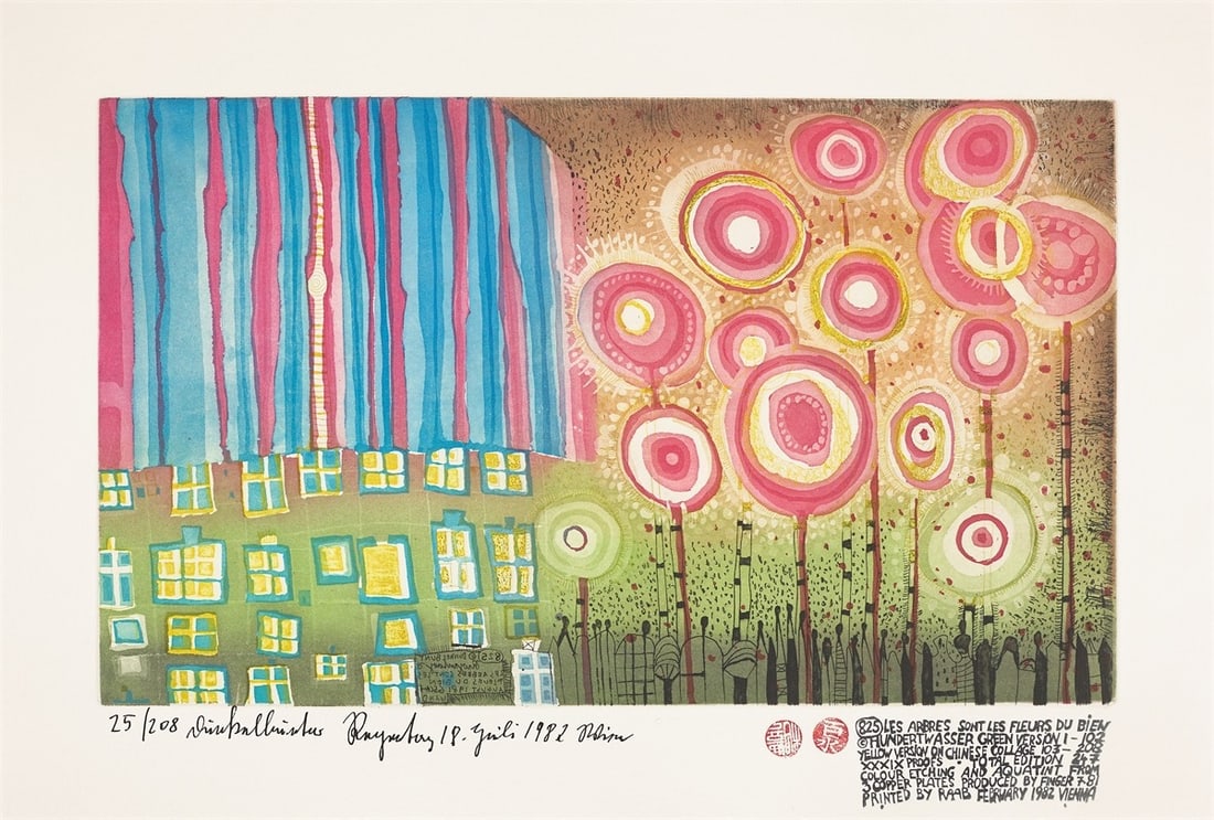 Friedensreich Hundertwasser. ”The Trees Are the Flowers of the Good”. 1982: Friedensreich Hundertwasser (Vienna 1928 – 2000 at sea en route to Australia). ”The Trees Are the Flowers of the Good”. 1982 Etching with coloured aquatint on wove paper.