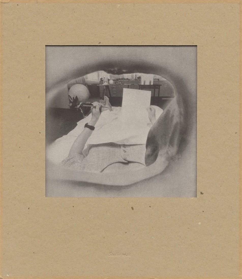 Rosemarie Trockel. ”Studio Visit (für Parkett 33)”. 1992: Rosemarie Trockel (Schwerte 1952 – lives in Cologne). ”Studio Visit (für Parkett 33)”. 1992 Photo etching and transparent film in embossed straw cardboard mat, mounted on panel