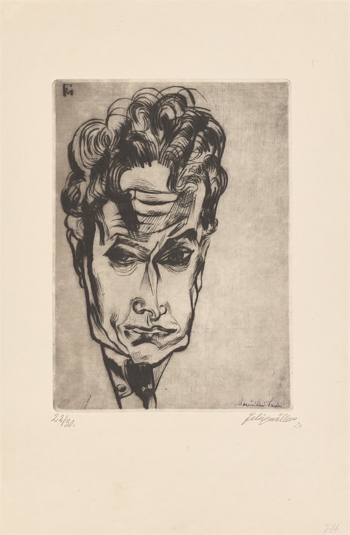 Conrad Felixmüller. ”Bildnis Maximilian Harden”. 1921: Conrad Felixmüller (Dresden 1897 – 1977 Berlin). ”Bildnis Maximilian Harden”. 1921 Etching and drypoint on laid paper. 29,6 × 21,8 cm