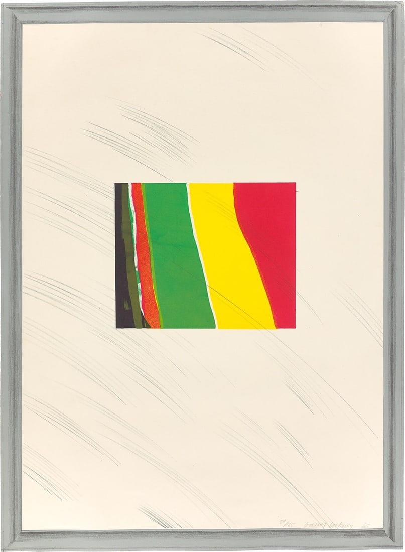 David Hockney. ”Picture of a pointless abstraction framed under glass”. 1965: David Hockney (Bradford/West Yorkshire 1937 – 2026 London). ”Picture of a pointless abstraction framed under glass”. 1965 Colour lithograph on cream BFK Rives laid paper.